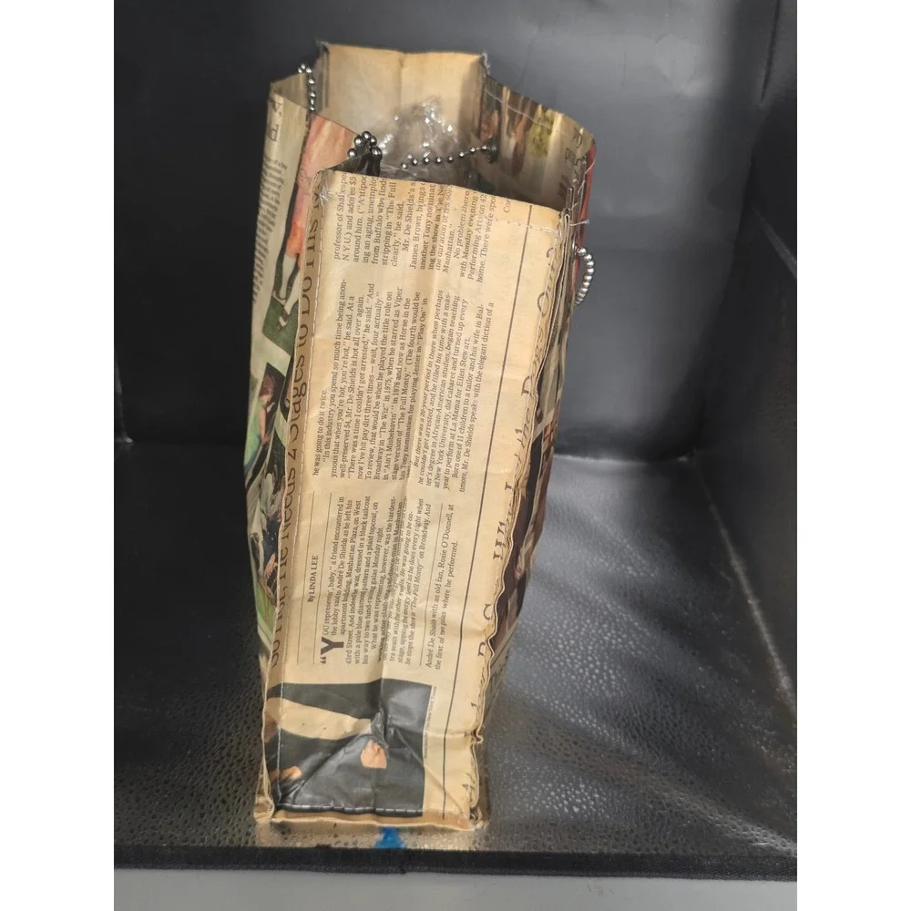 Vintage Y2K Newspaper Print Coated Tote Bag Silver Ball Chain Handle Shopper